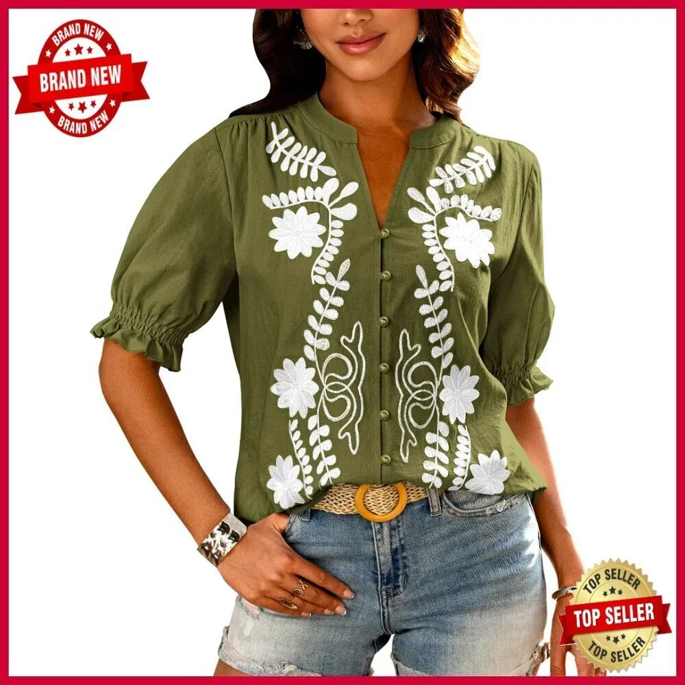 Floral Embroidered V-Neck Puff Sleeve Button Down Blouse Tunic